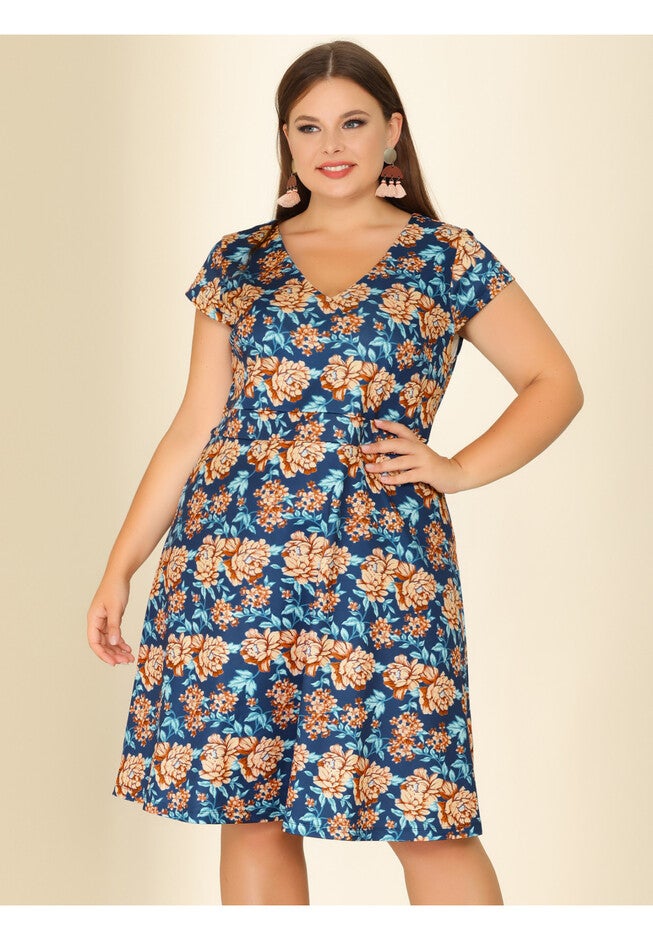Deep V Neck Above Knee Cap Sleeve Floral Dress, Navy Blue / Navy, alternate image number null