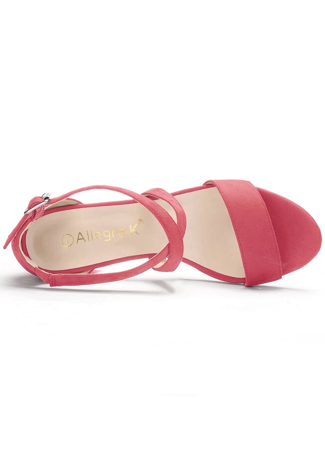 Open Toe Cross Strap Mid Block Heel Sandals, Watermelon Red / Peach, alternate image number 3