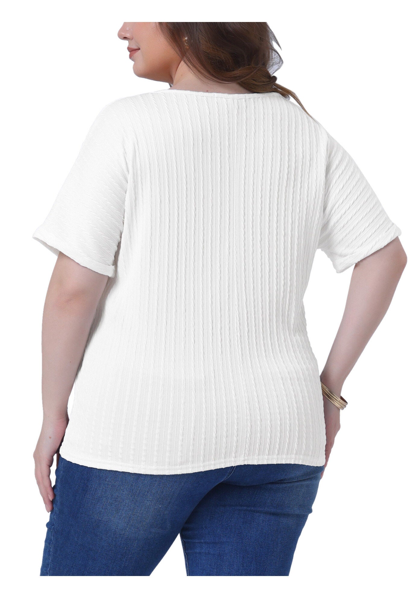 Textured Rolled Short Sleeve Crew Neck T-Shirts Blouses, White / White, alternate image number 3