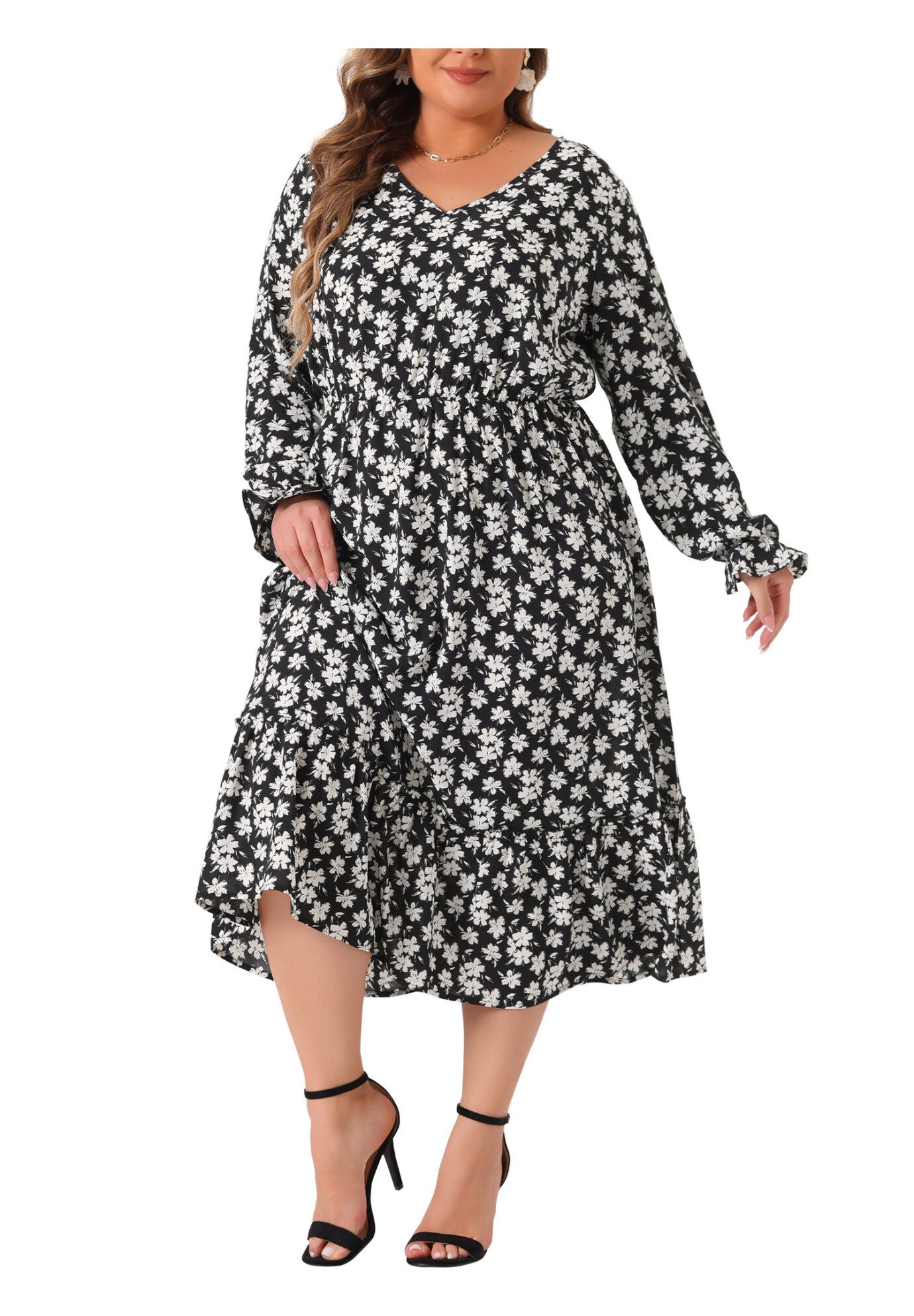 Boho Floral Print V Neck Long Sleeve Ruffle Hem Long Maxi Dress, Black / Black, alternate image number 2
