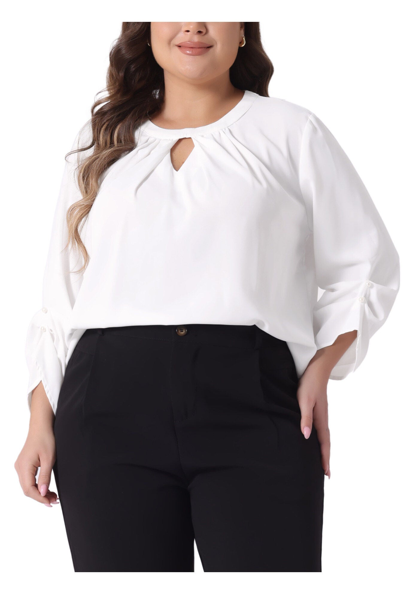 Crewneck Keyhole 3/4 Sleeve Pleated Blouse Shirt, White / White, alternate image number 2