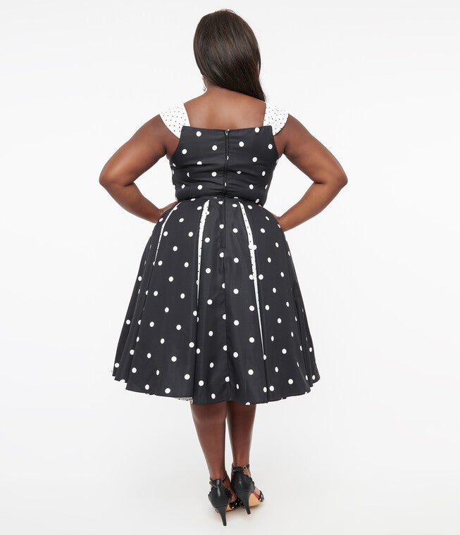 Unique Vintage Black & White Polka Dot Stripe Swing Dress, , alternate image number 4
