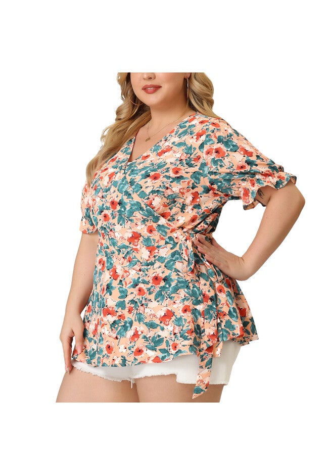 Floral Ruffle Sleeve Faux Wrap Peplum Blouse Top, Pink / Pink, alternate image number null