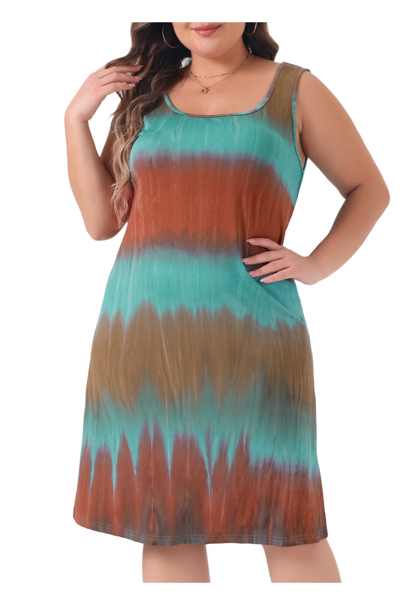 Summer Sleeveless Tie Dye Tank Loose Sundress, Blue Brown / Brown, alternate image number 1