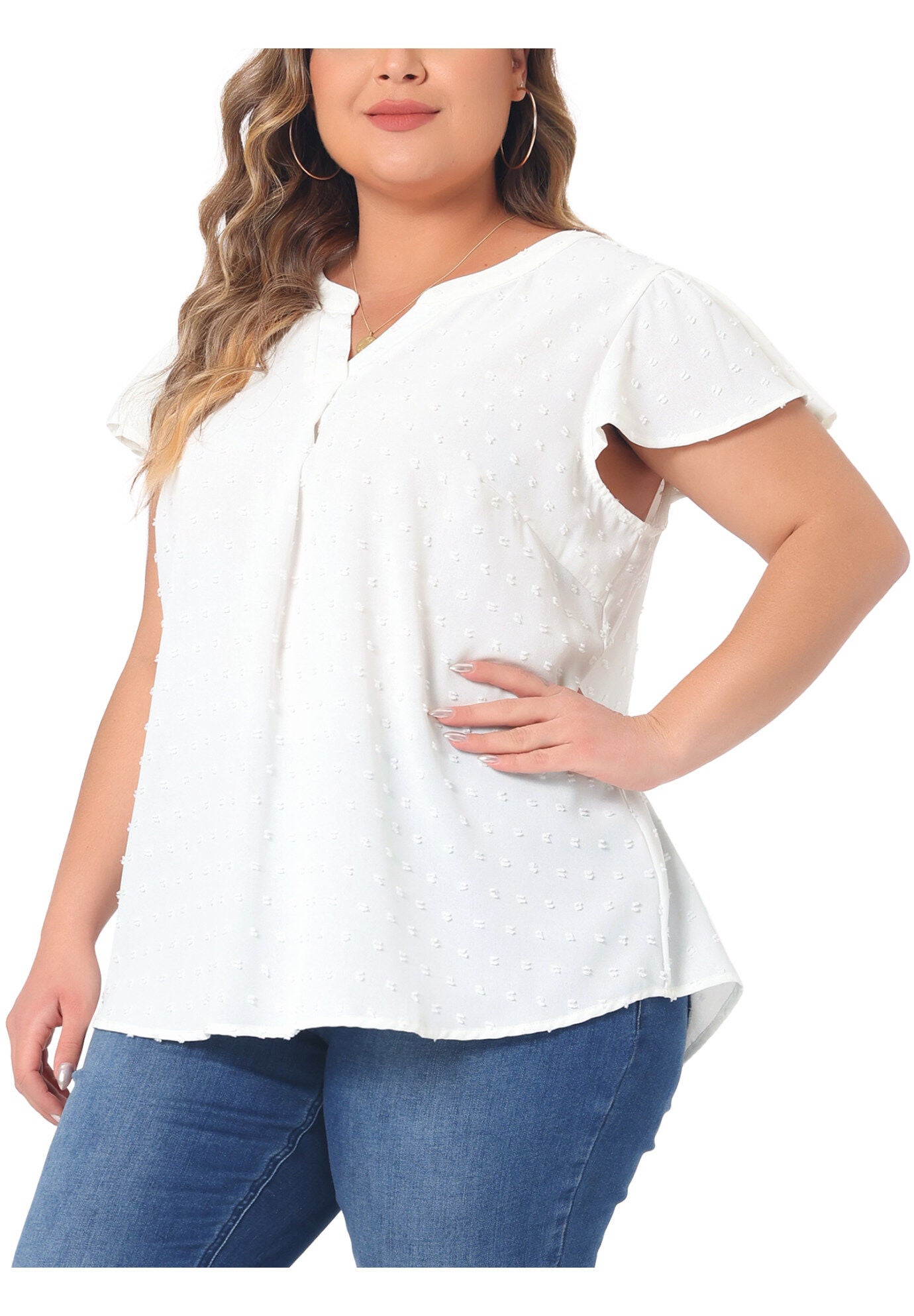 Swiss Dots Notched Neck Ruffle Sleeve Blouse, White / White, alternate image number 1