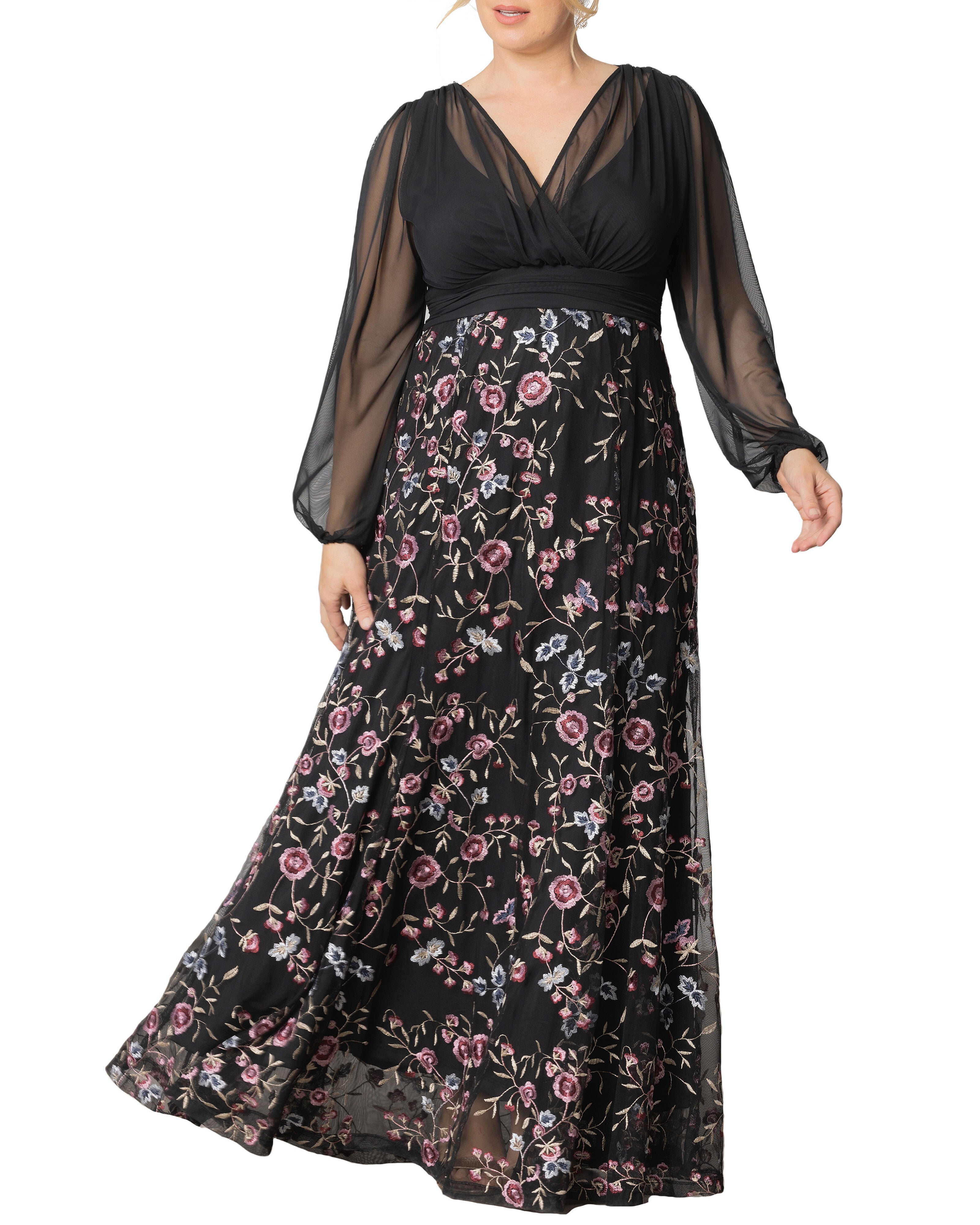 Isabella Embroidered Floral Mesh Gown, MOONLIT GARDEN / Black, hi-res image number 0