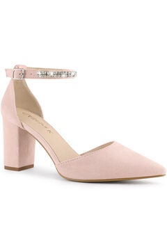 Pointed Toe Rhinestone Ankle Strap Chunky Heels Pumps
