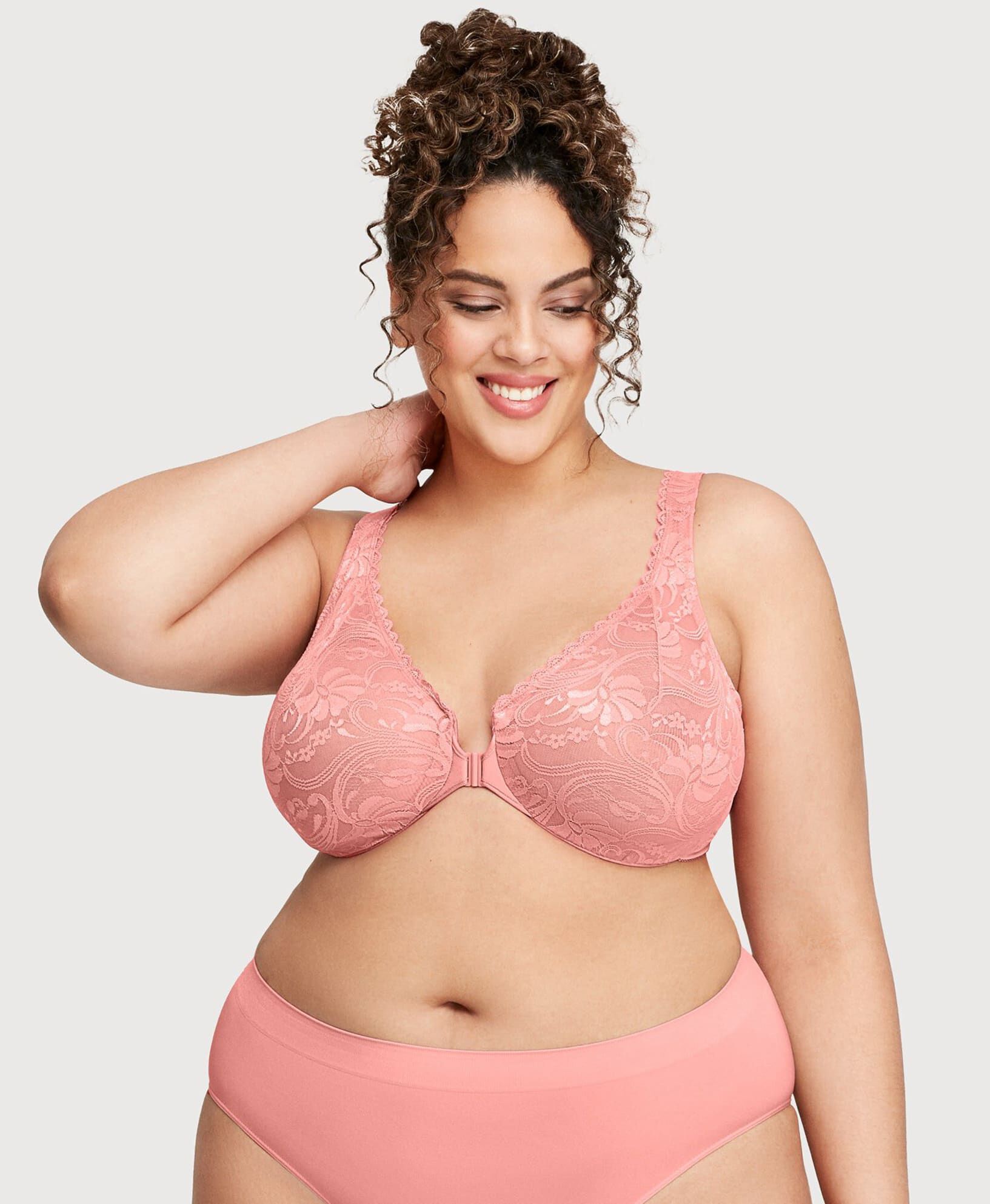 WonderWire Front-Closure Stretch Lace Bra, Apricot / Pink, hi-res image number 0