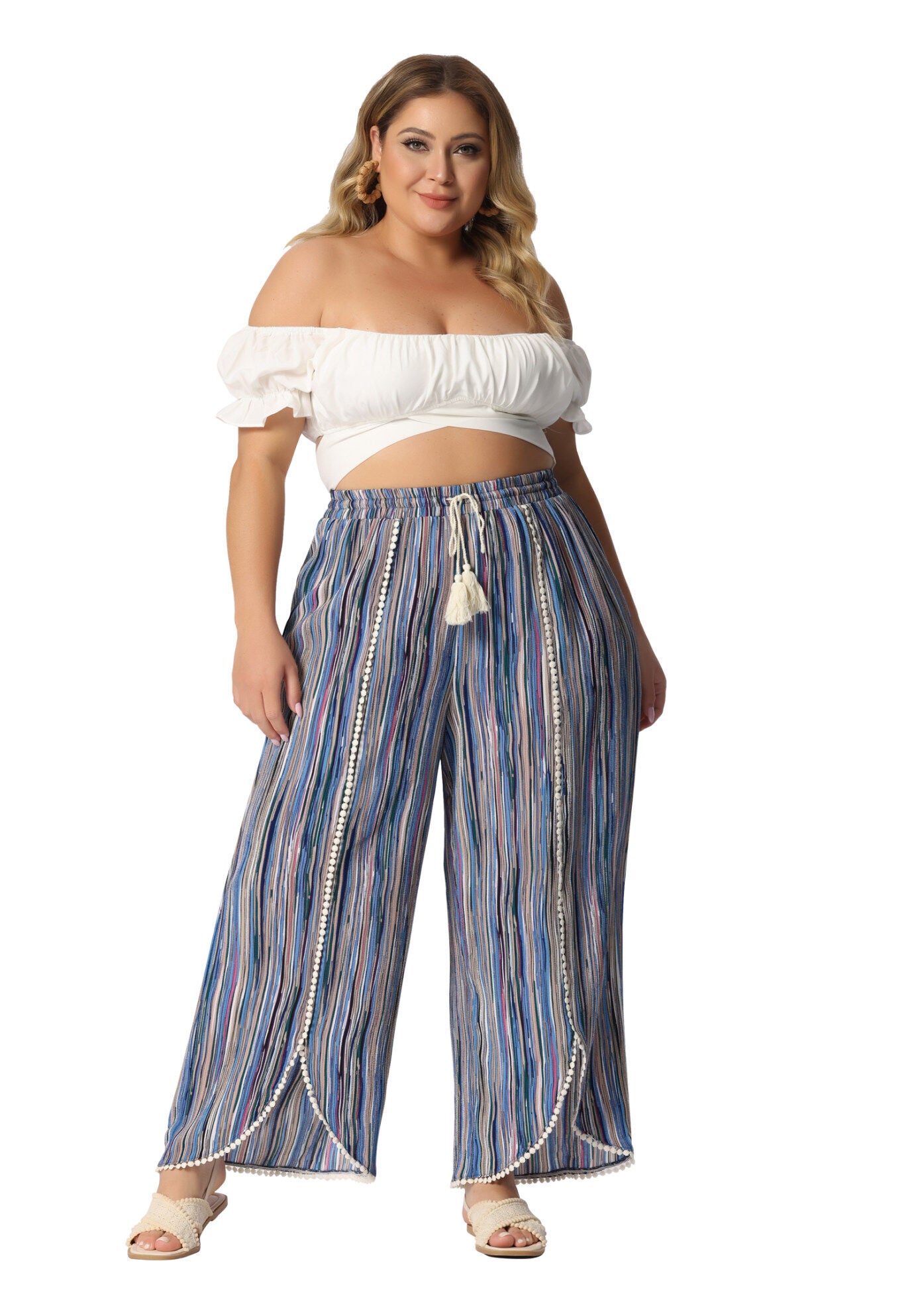 SPLIT ELASTIC WAIST FLOWY STRIPED WIDE LEG PANTS, Blue / Light Blue, hi-res image number 0