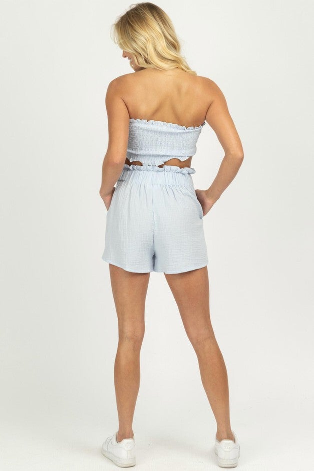 Gauze Smock Crop + Shorts Set In Blue, , alternate image number null