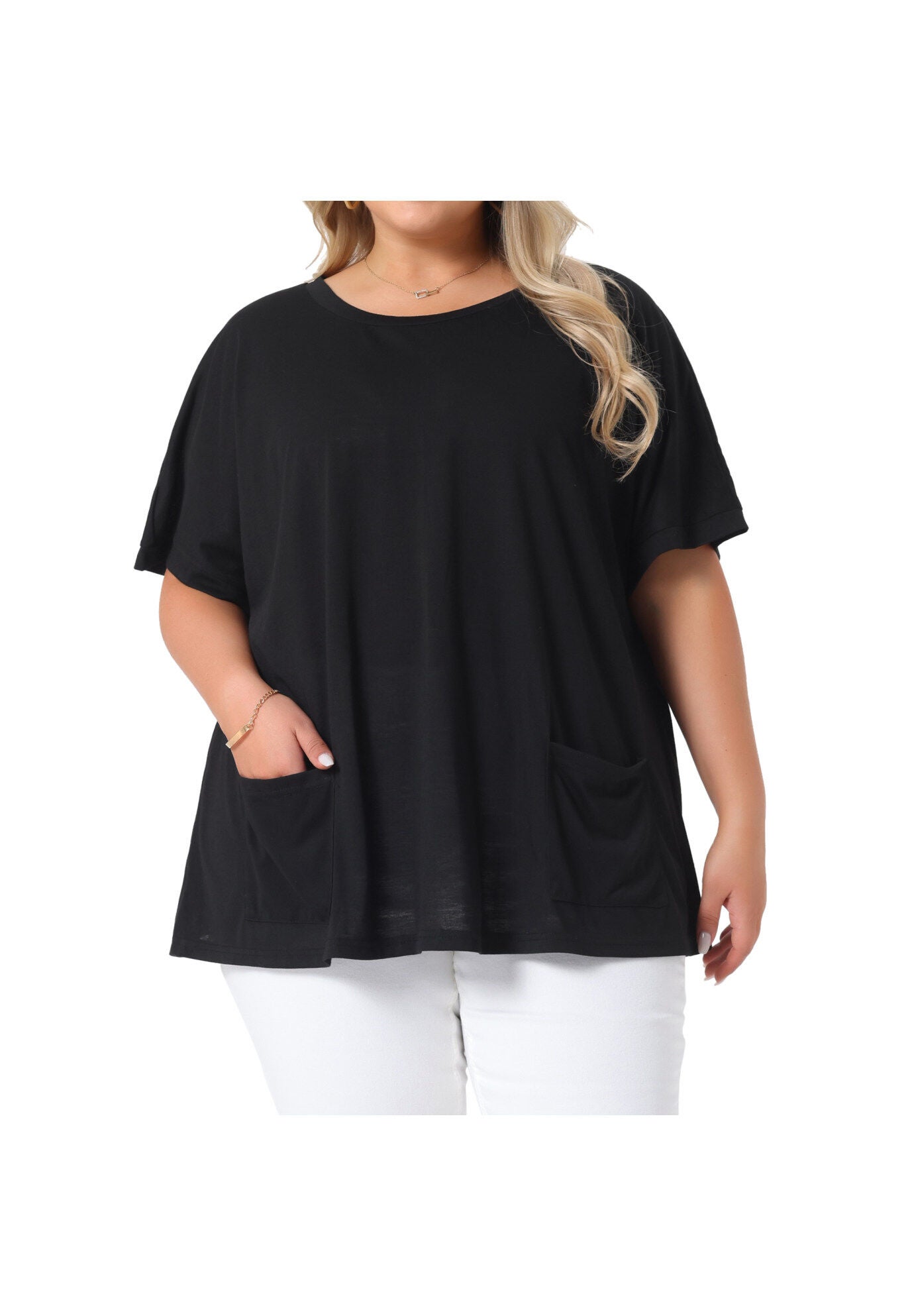 Short Sleeve Top Loose Fit Summer T-Shirt with Pocket, Black / Black, alternate image number 2