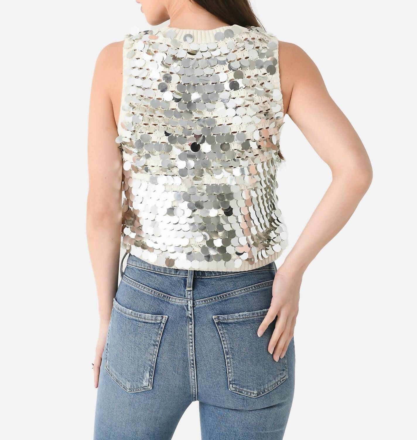 CORA RIBBED TANK, Ivory  Silver Sequins / Silver, alternate image number 2