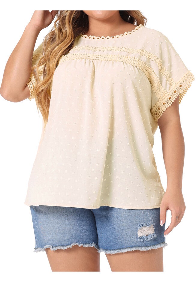 Swiss Dots Lace Crochet Short Sleeve Chiffon Blouse, Beige / Beige, alternate image number 1