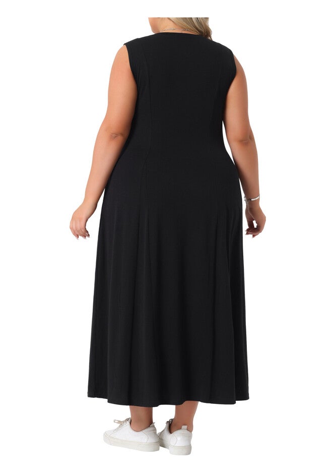 Summer Sleeveless Button A Line Tank Maxi Dress with Pockets, Black / Black, alternate image number 4