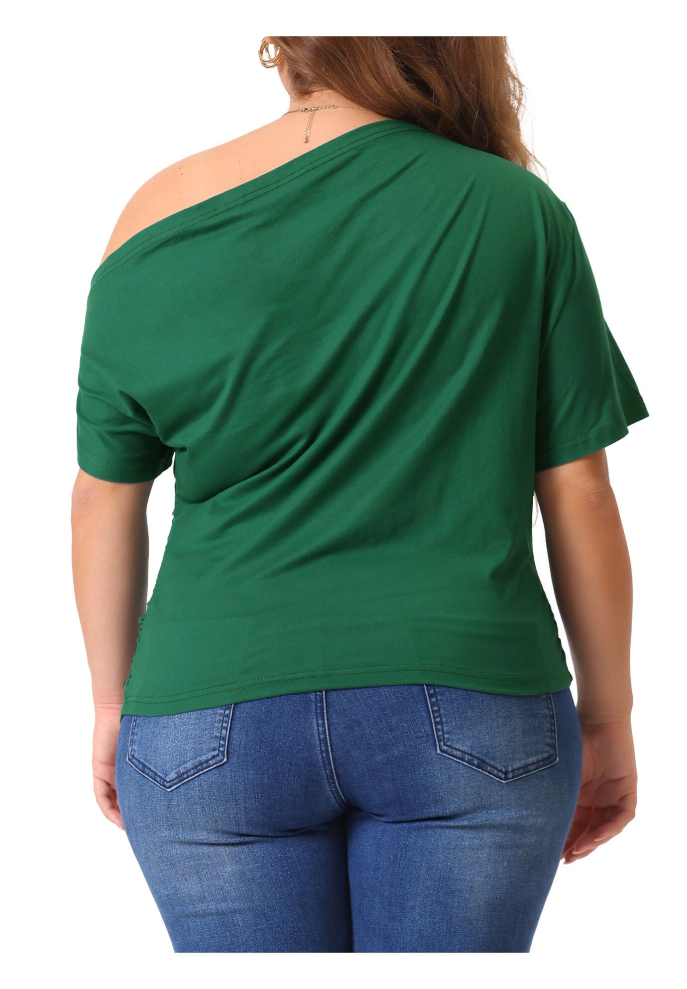 ONE SHOULDER SHORT SLEEVE RUCHED TOP, Dark Green / Hunter Green, alternate image number 3