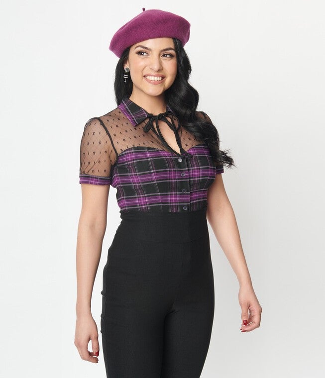 Unique Vintage Purple Plaid Addison Blouse, Purple Plaid / Purple, alternate image number 4