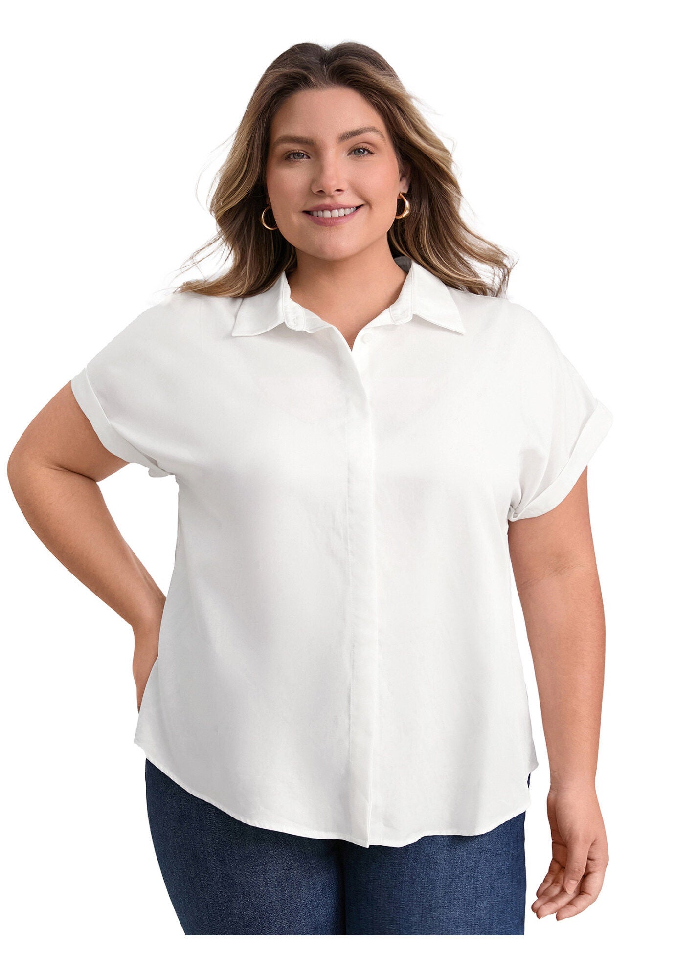 Button Down Lapel Shirt Rolled Cuffed Short Sleeve Collared Top, White / White, hi-res image number 0