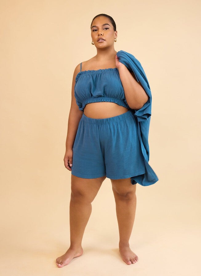 CLIO LINEN WIDE LEG SHORTS WITH POCKETS - CADET BLUE, Blue / Azure Blue, alternate image number 2