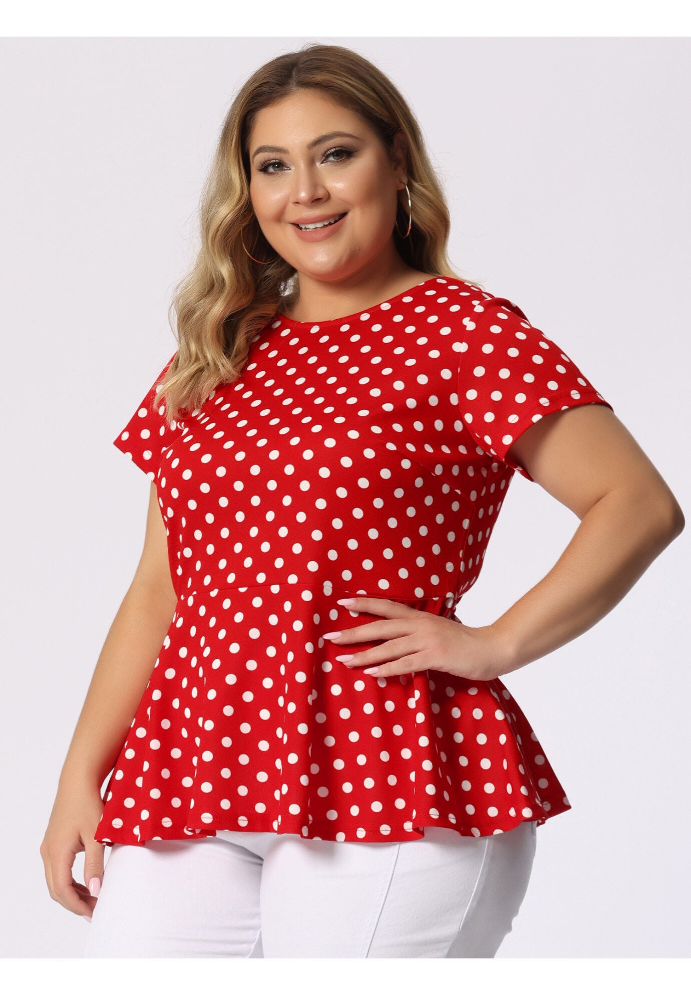 Casual Short Sleeve Polka Dots Peplum Tops Shirts, Red / Red, alternate image number 1