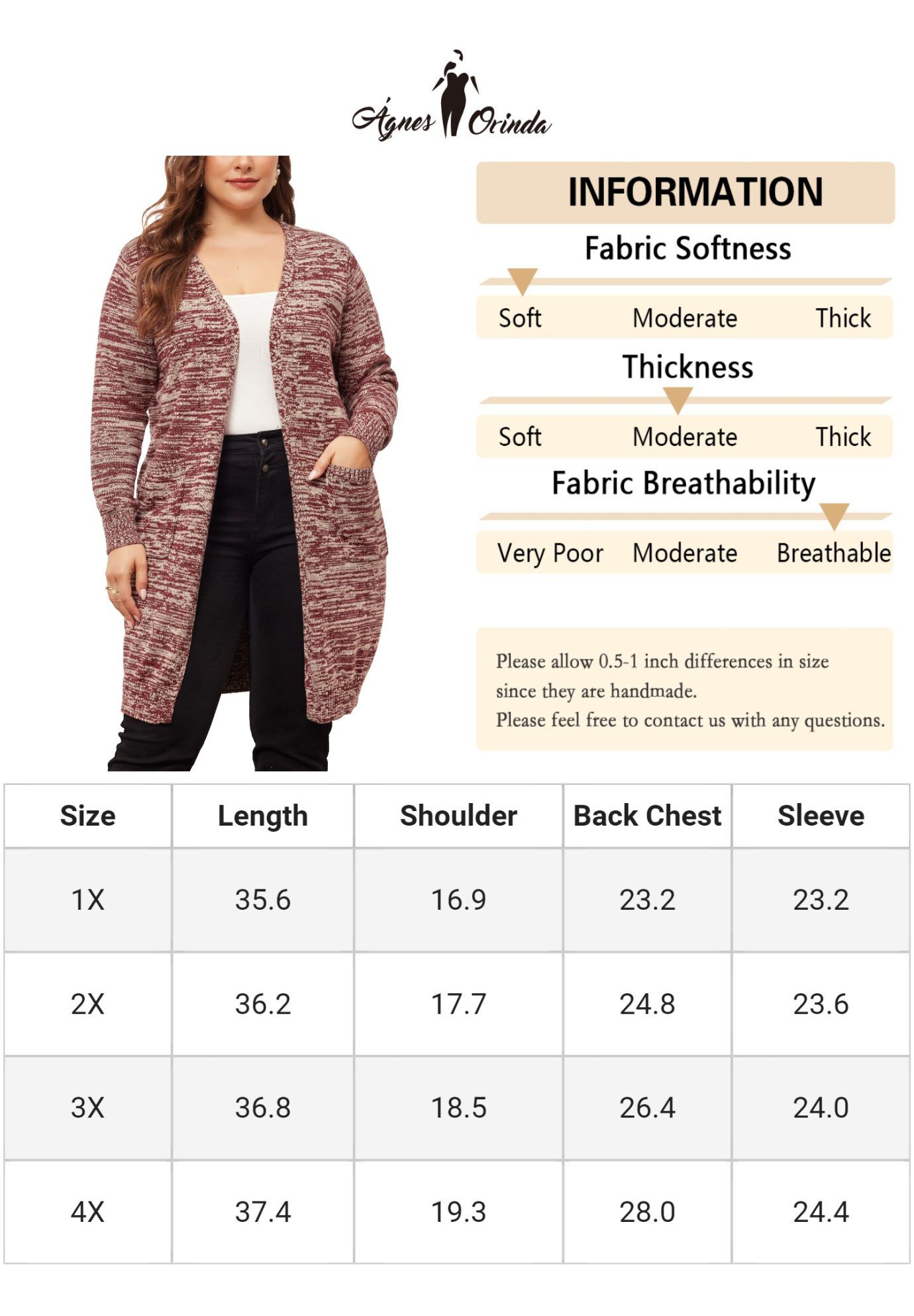 CONTRAST COLOR OPEN FRONT POCKETS SWEATER CARDIGAN, Burgundy / Red, alternate image number 4
