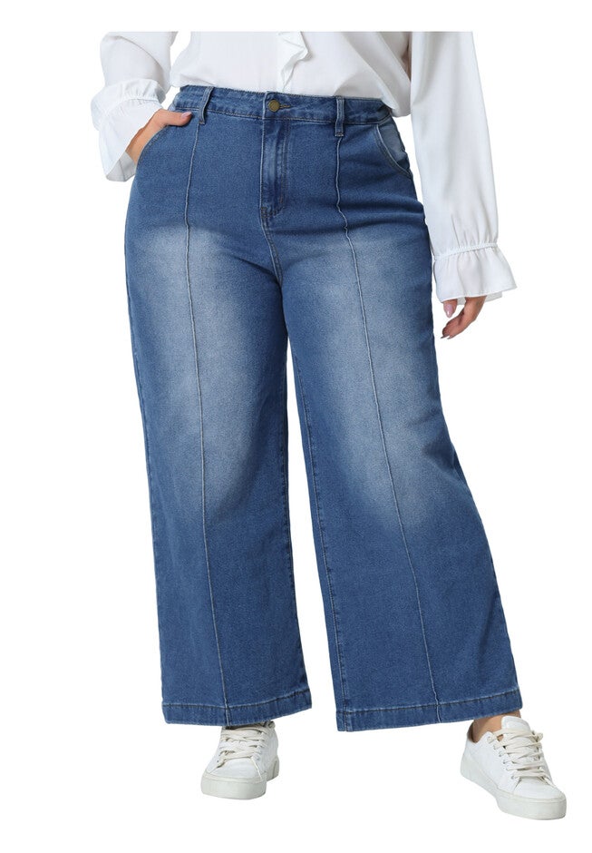 WIDE LEG BAGGY WASHED STRETCH DENIM ANKLE JEANS, Mid Blue / Light Blue, alternate image number 1