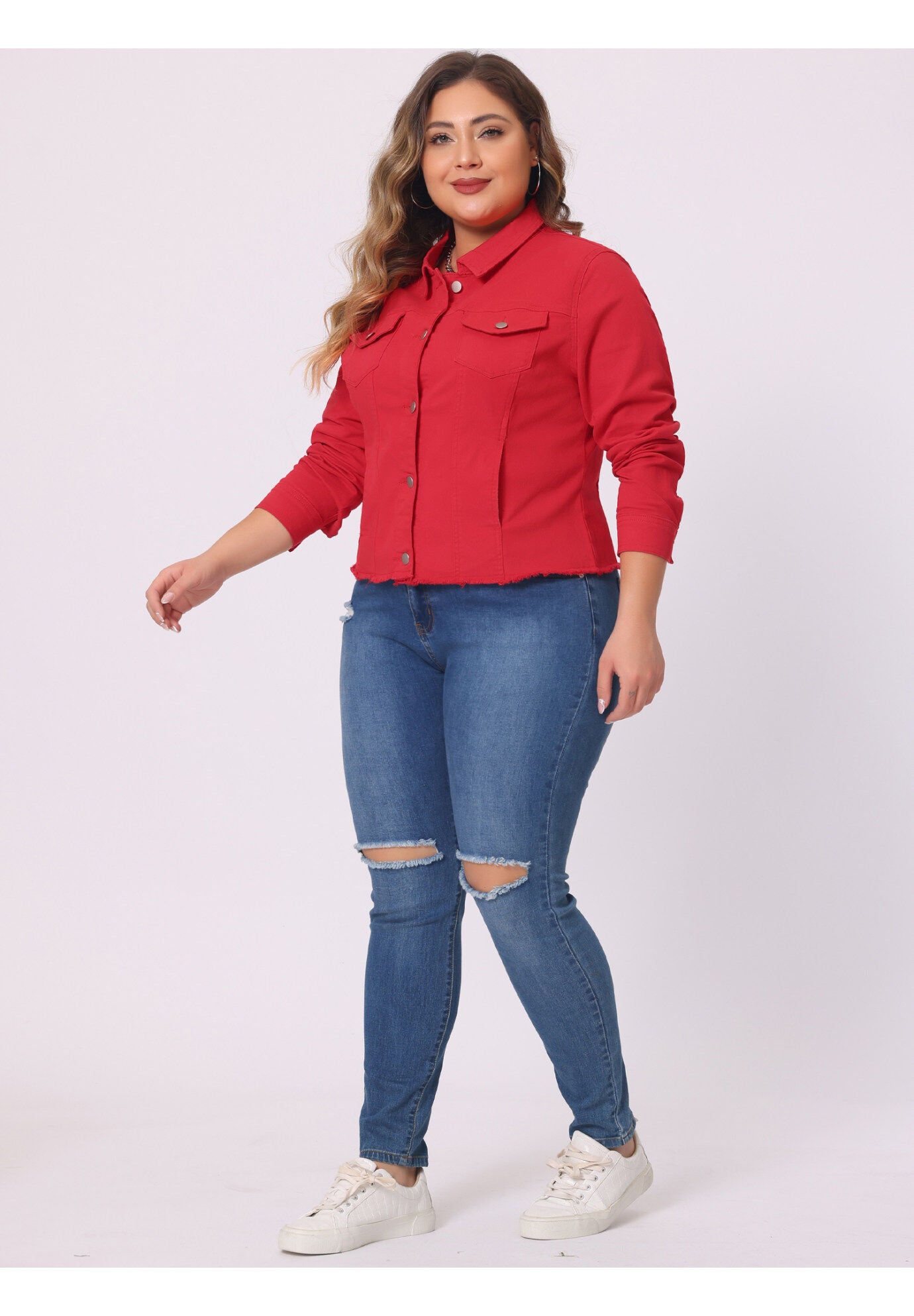 WASHED FRONT FRAYED DENIM JACKET, Red / Red, hi-res image number 0