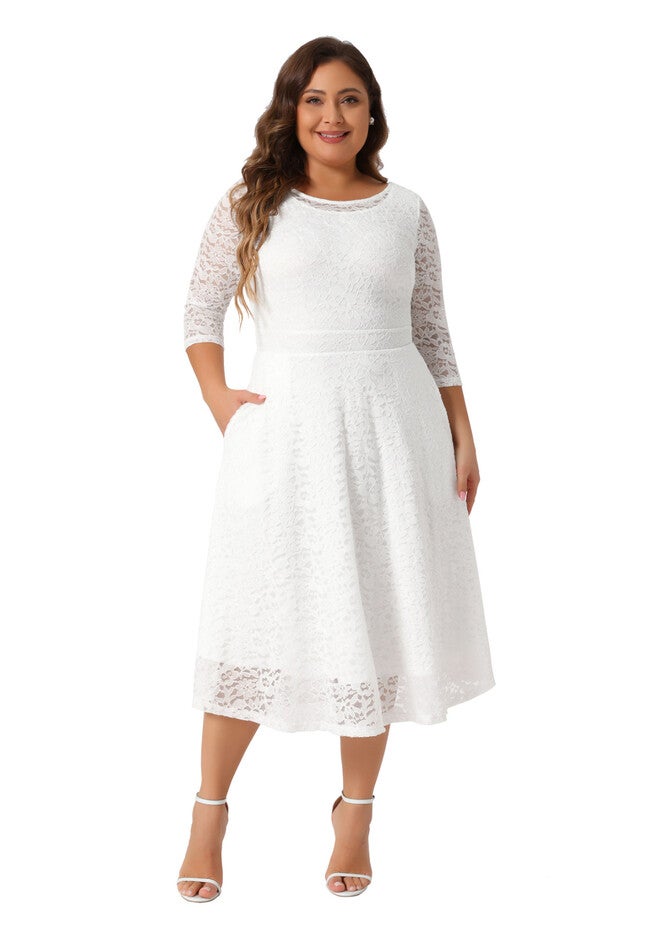 Floral Lace Scooped Neckline 3/4 Sleeves with Pocket Knit Cocktail Dress, White / White, hi-res image number null