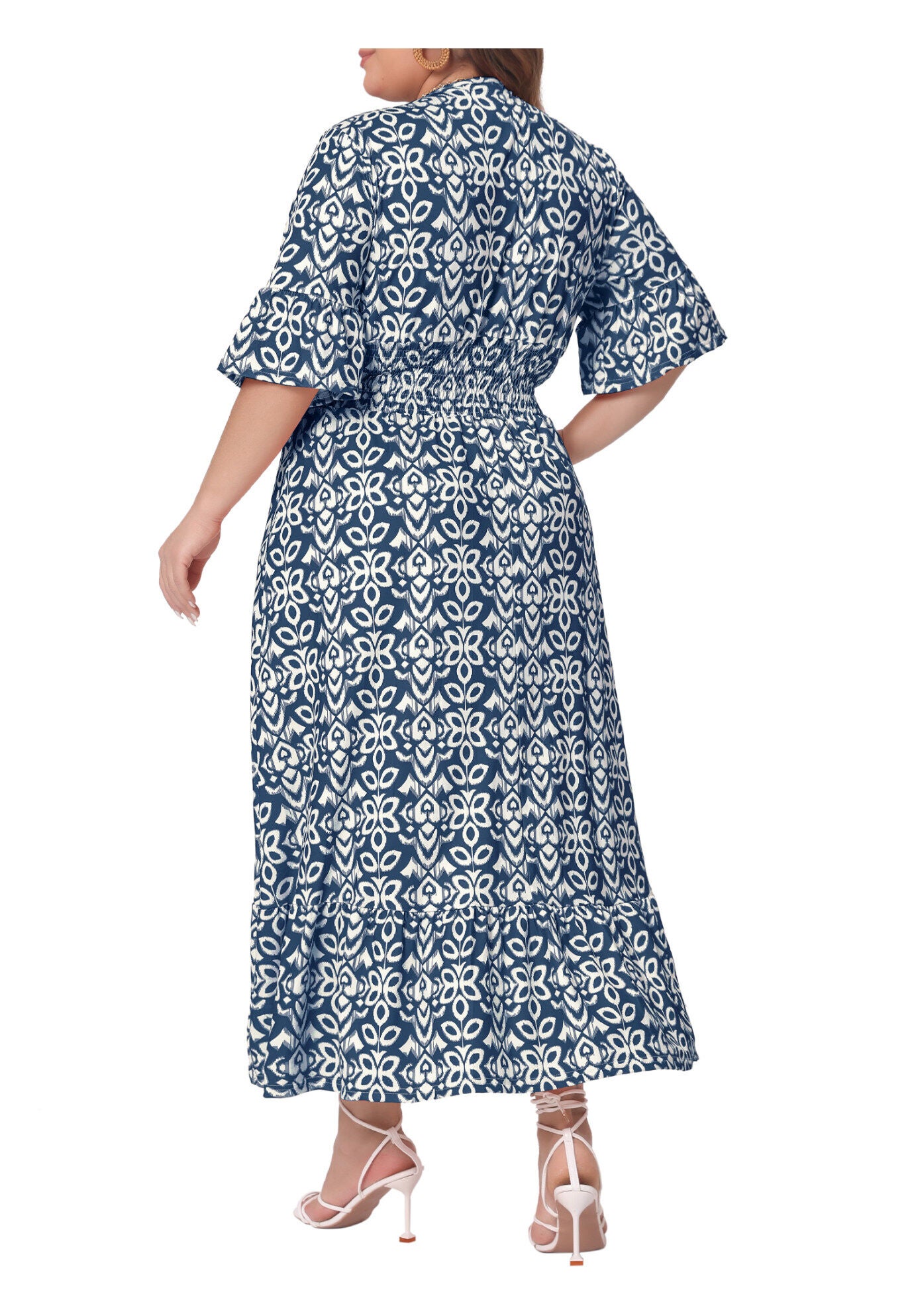 Bell Sleeve Ruffled Hem V Neck Short Sleeve Boho A Line Long Dress, Navy Blue / Navy, alternate image number 3