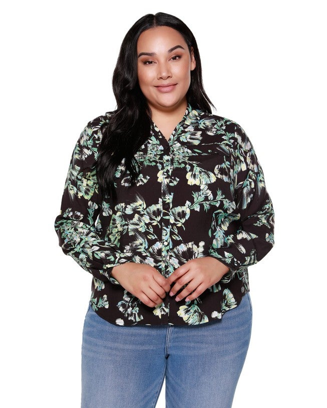 Hailey Floral Button Up Shirt, Black Painted Floral / Black, hi-res image number 0
