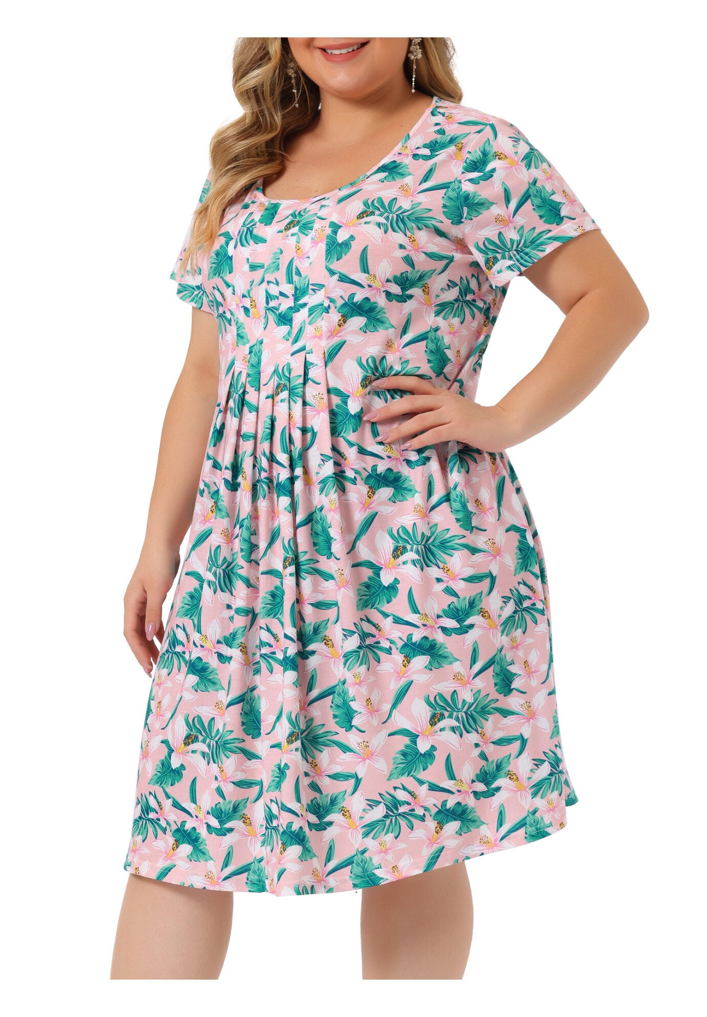 Short Sleeves Pleated Summer Beach Casual Loose Floral Dress, Pink Green / Pink, alternate image number 1
