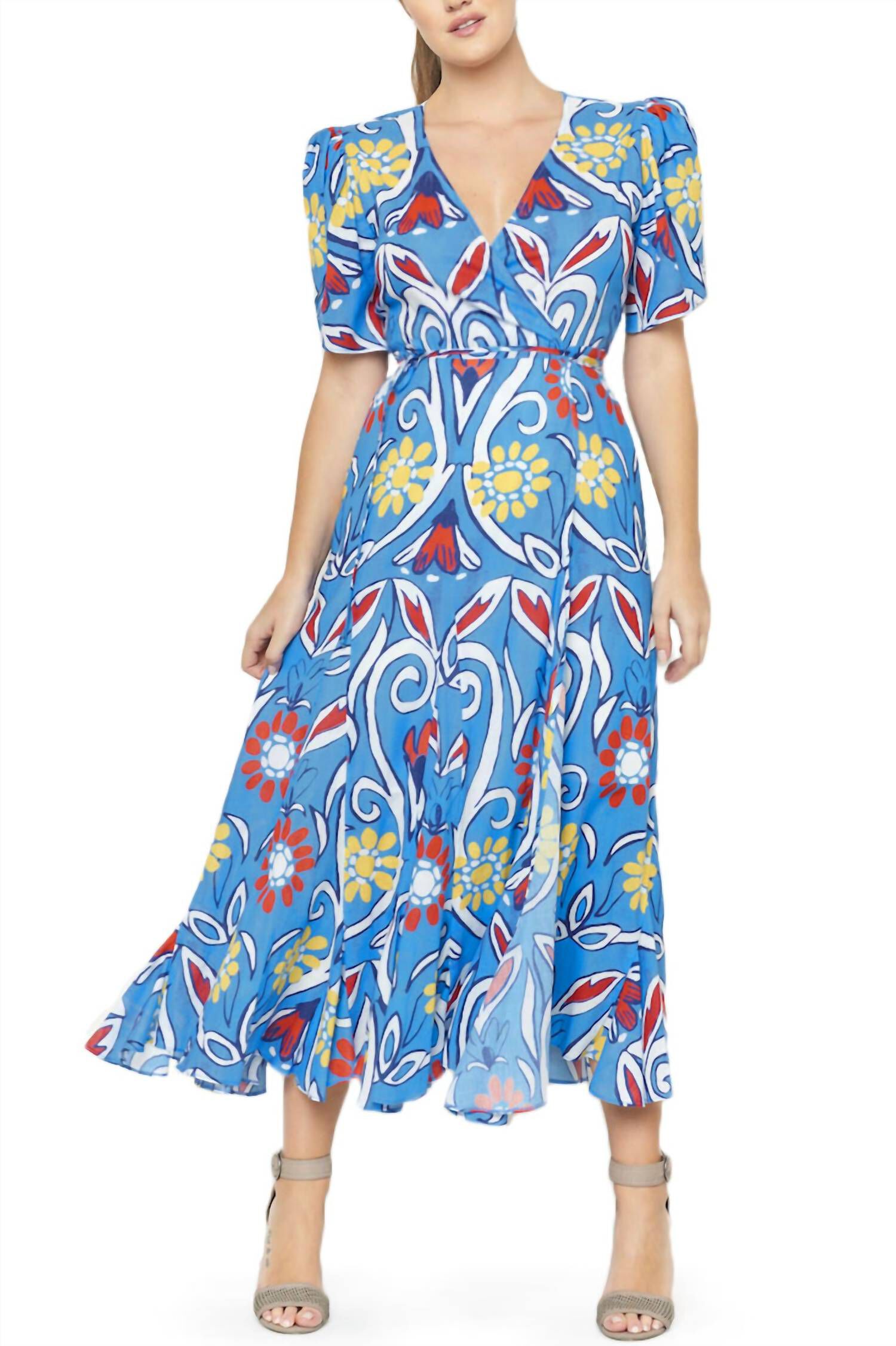 IZULA WRAP DRESS ROCO CELESTE IN BLUE MULTI, Blue Multi / Light Blue, hi-res image number 0