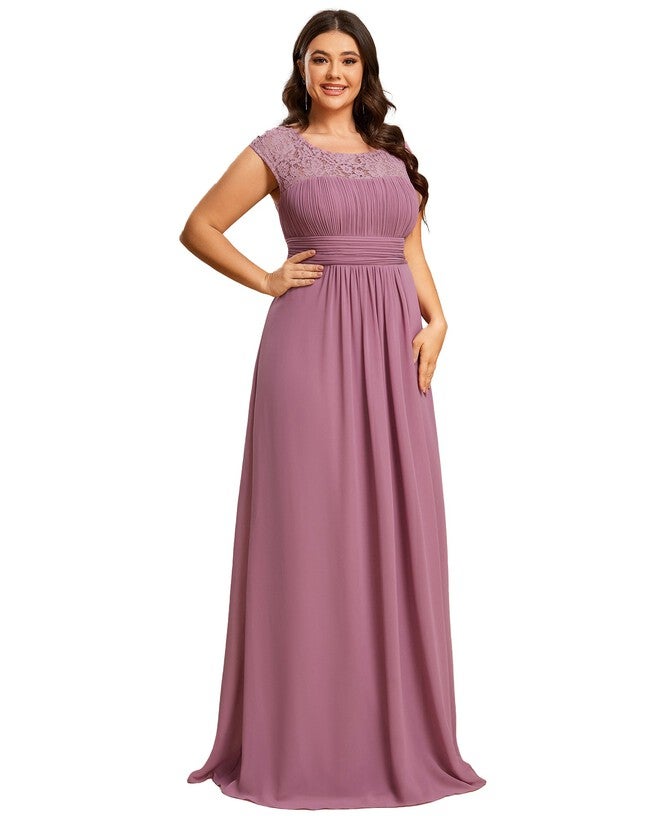 Elegant Chiffon Maxi Evening Dress with Lace Cap Sleeve, Purple Orchid / Purple, alternate image number null