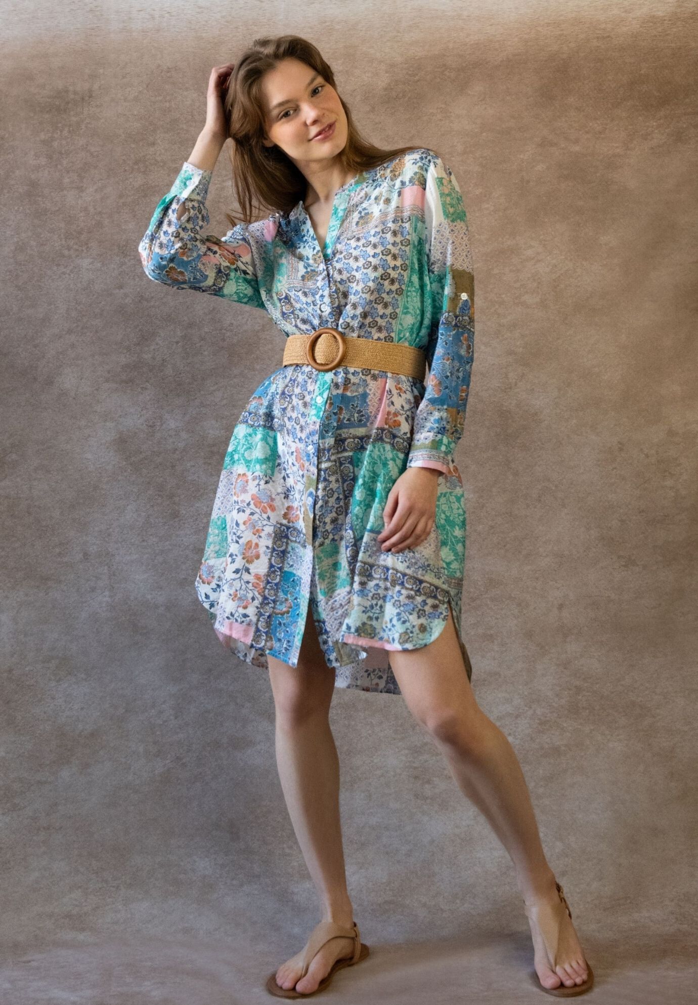 Annick- Lara Patchwork Print Boho Tunic Shirt Dress Long Sleeves, White / Azure Blue, alternate image number 3