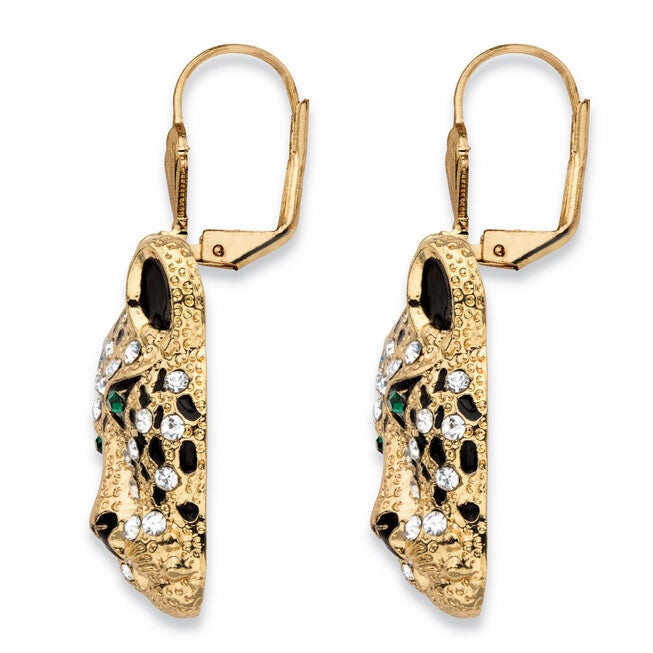 White and Green Crystal Goldtone Leopard Drop Earrings with Lever Backs, White / White, alternate image number null