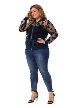 SHEER FLORAL LACE LONG SLEEVE BASEBALL JACKET