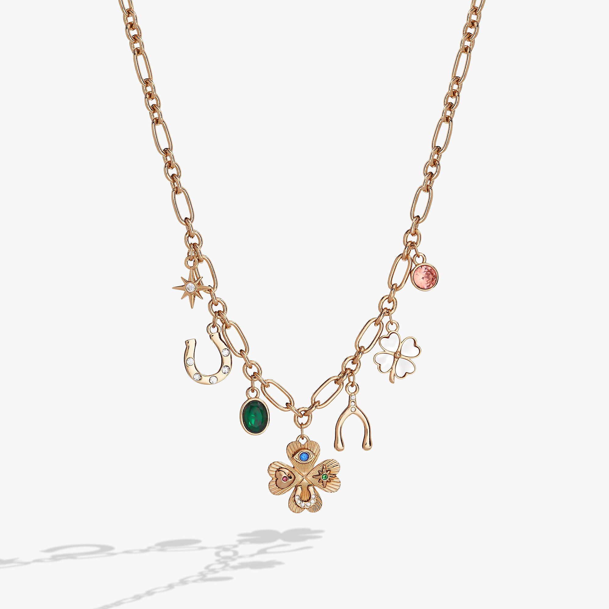 Lucky Four Leaf Clover Charm Necklace, Gold / Gold, hi-res image number 0