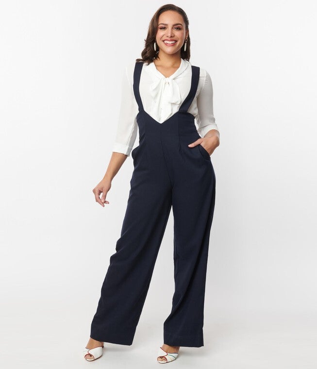 Unique Vintage Navy Wide Leg Suspender Pants, Blue / Navy, alternate image number 3