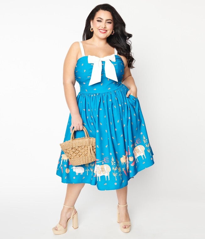 Unique Vintage Blue & White Farm Border Golightly Swing Dress, Blue / Azure Blue, alternate image number 1