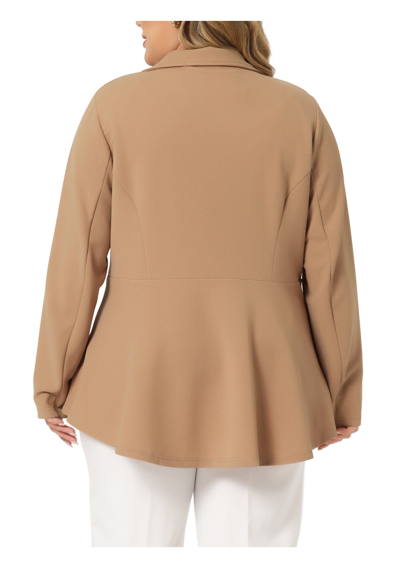 RUFFLE V NECK BUTTON NOTCH PANEL PEPLUM BLAZER, Deep Khaki / Brown, alternate image number 3