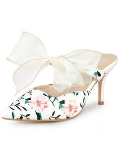 Pointed Toe Lace Bow Stiletto Heels Floral Mules