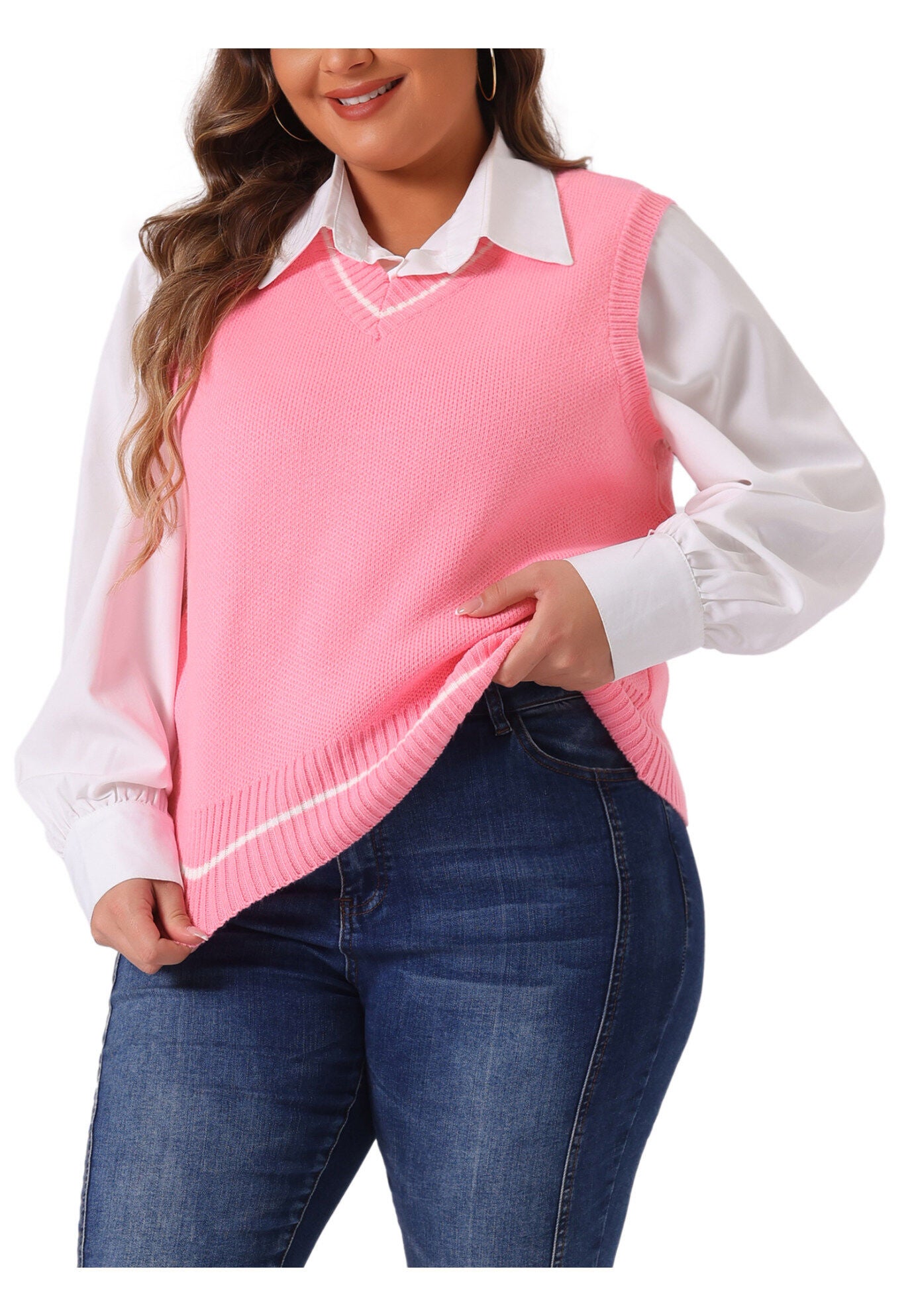 V Neck Stripe Cable Knit Pullover Sweater Vest, Pink / Pink, alternate image number 1