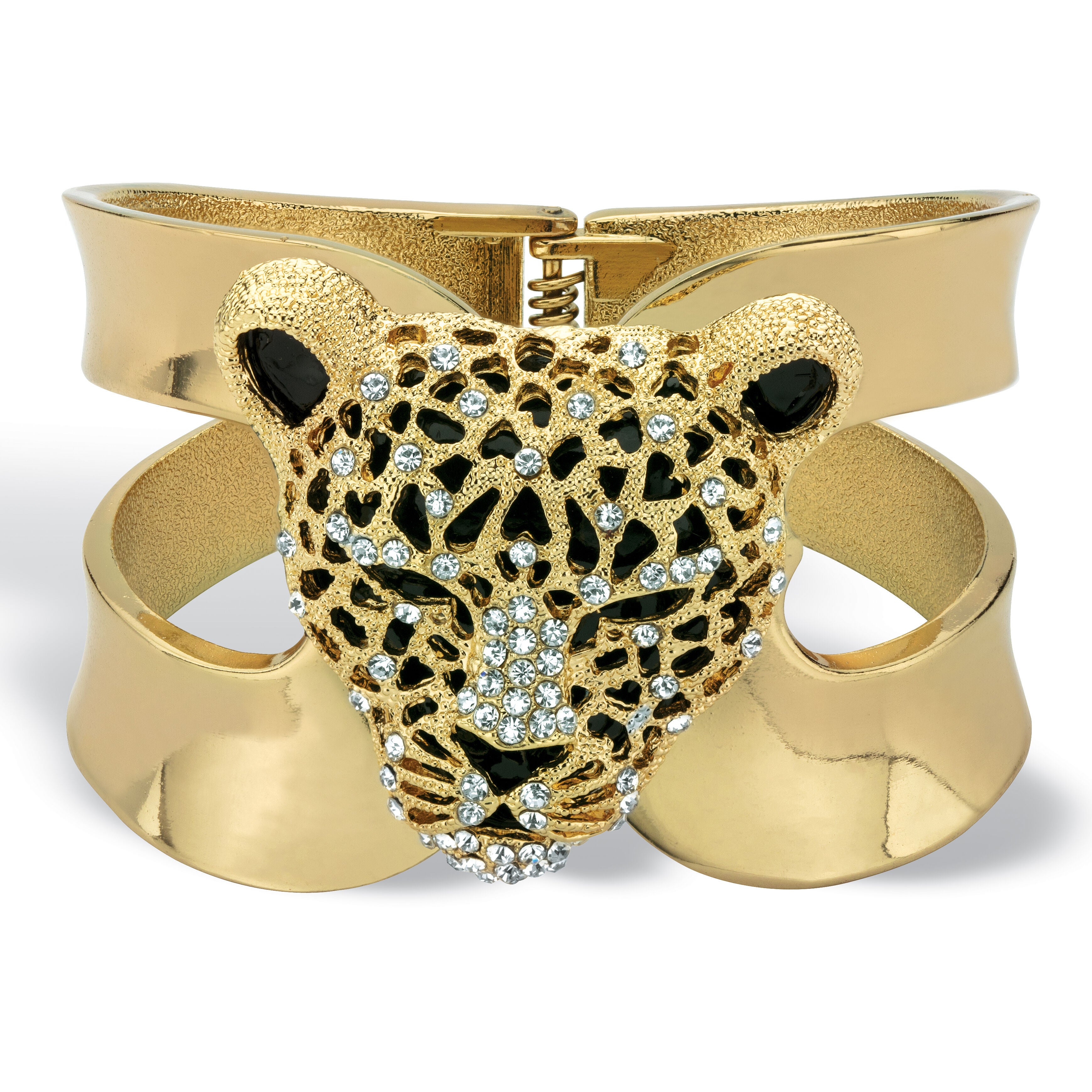Goldtone Crystal Leopard Hinged Cuff Bangle Bracelet (50mm), White / White, hi-res image number 0
