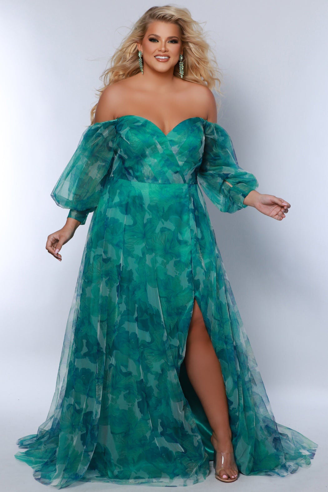 D&eacute;j&agrave; Vu Off-Shoulder Tulle Gown, Green Floral / Light Green, hi-res image number 0