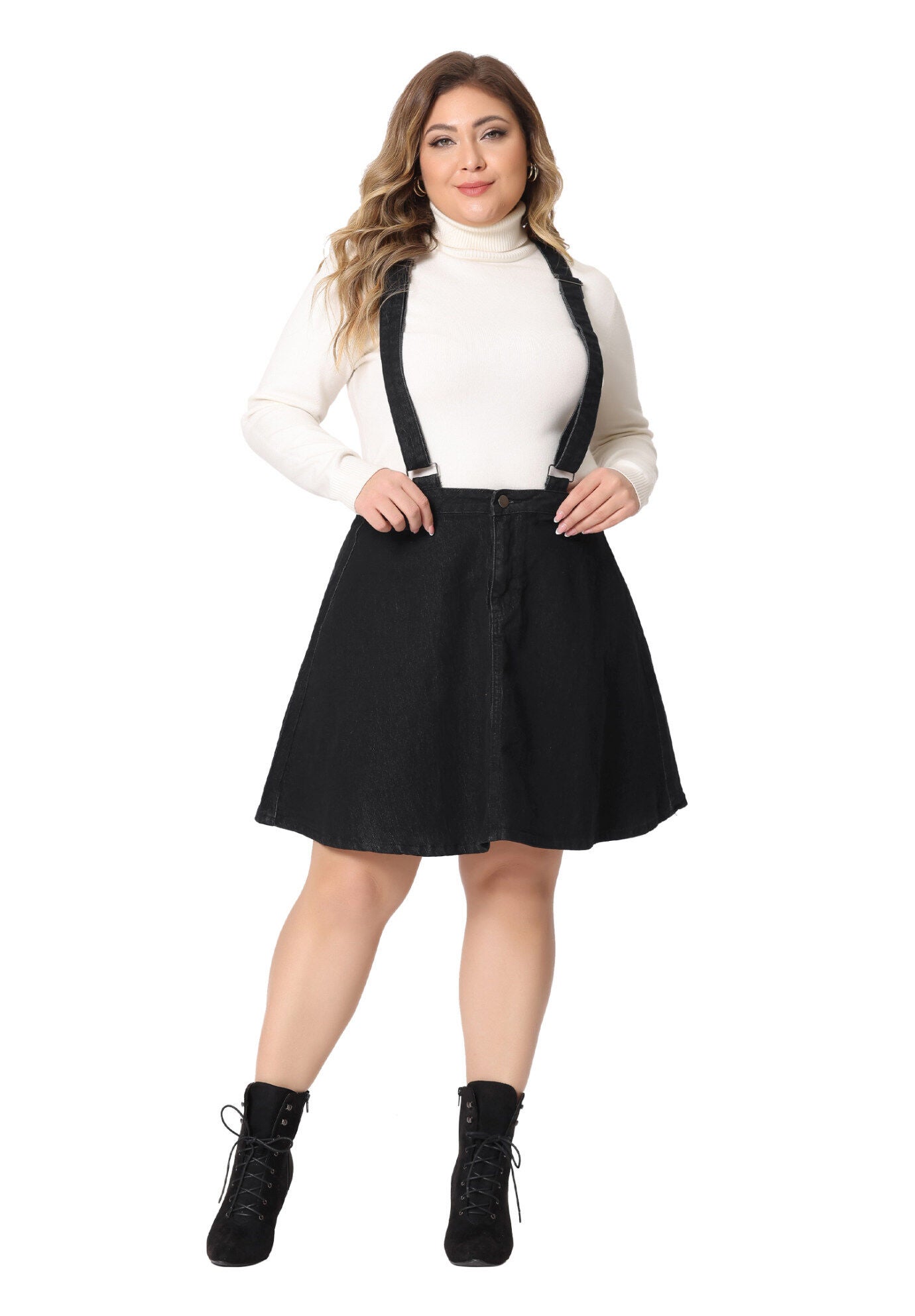 Adjustable Strap Braces Mini Denim Overall Dress Suspender Skirt, Black / Black, hi-res image number 0