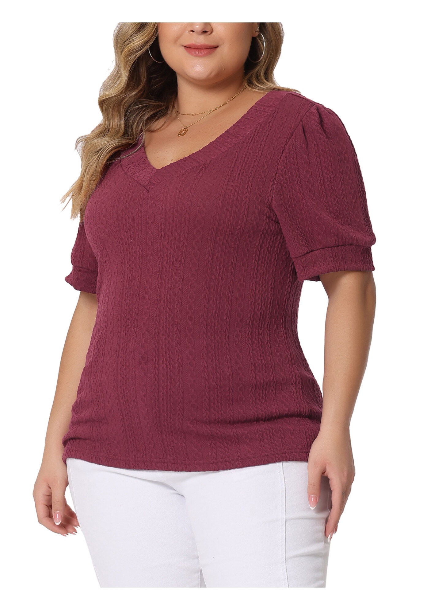 DEEP V NECK SHORT SLEEVE T-SHIRT CASUAL TOP, Burgundy / Red, alternate image number 1