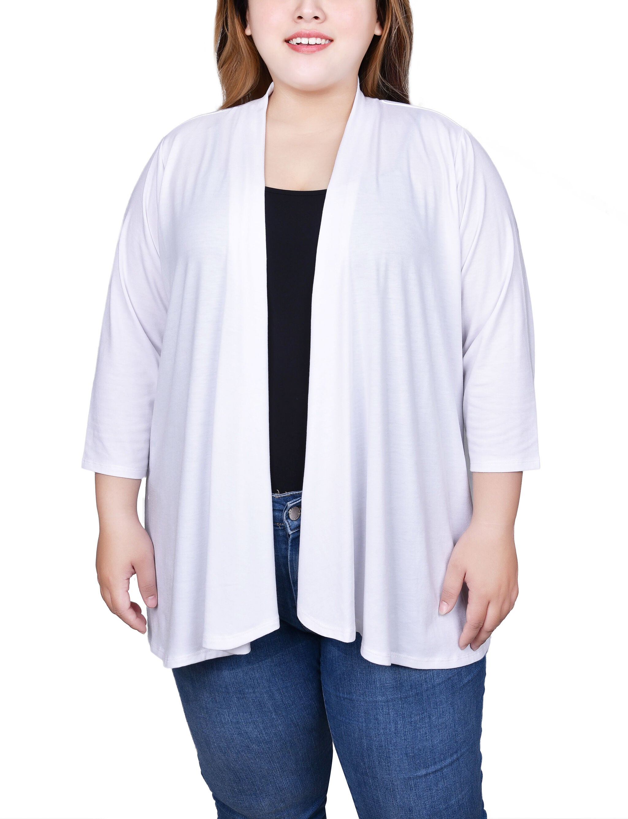 3/4 Sleeve Solid Cardigan, White, hi-res image number 0