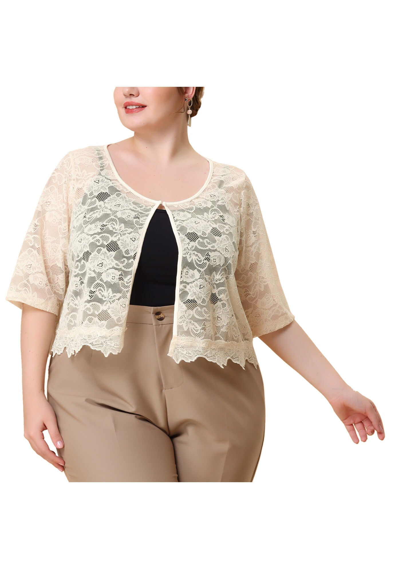1/2 SLEEVE SHEER LACE BOLERO SHRUG, Beige / Beige, alternate image number 2