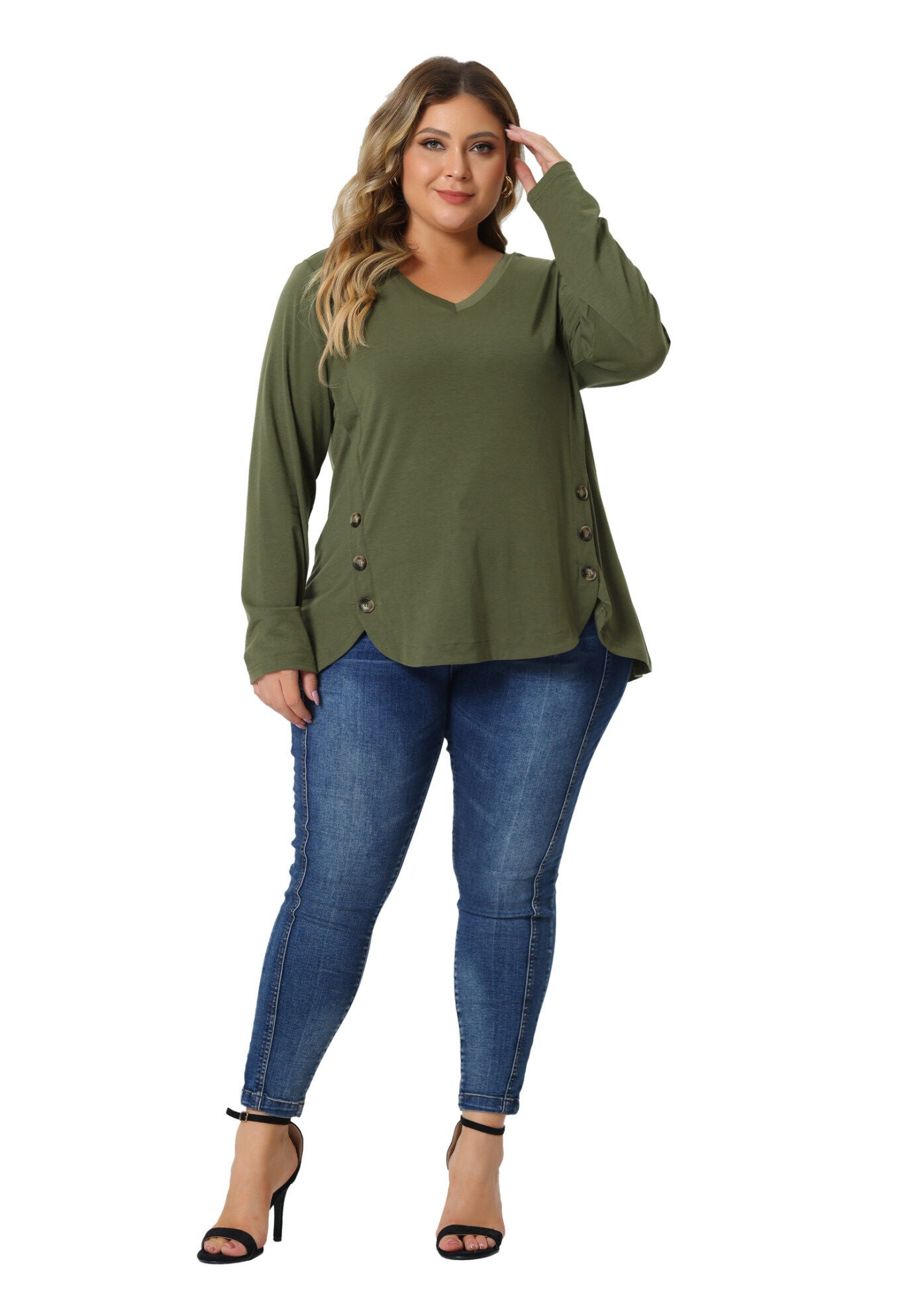 LONG SLEEVE TUNIC TOP V NECK LOOSE T SHIRT, ArmyGreen / Olive Green, hi-res image number 0