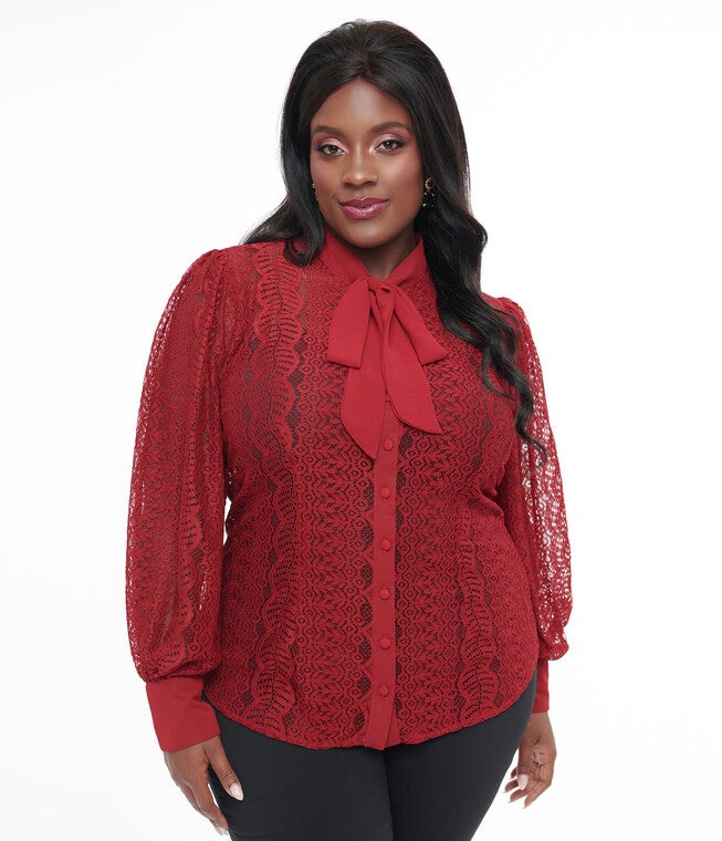 1940s Burgundy Lace Gwen Blouse, Burgundy / Burgundy, alternate image number null