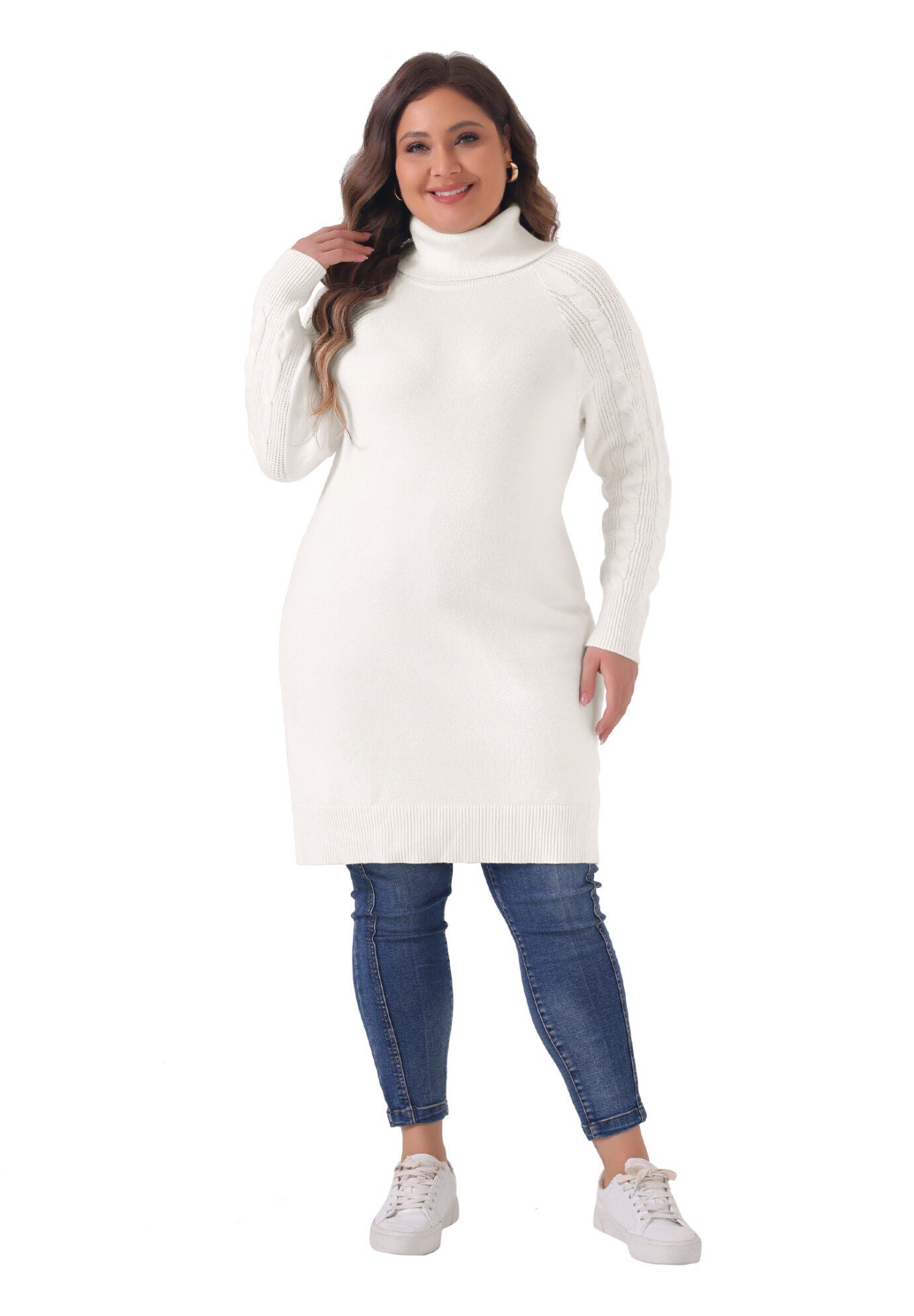 Turtleneck Pullover Long Sweater Dress, White / White, hi-res image number 0